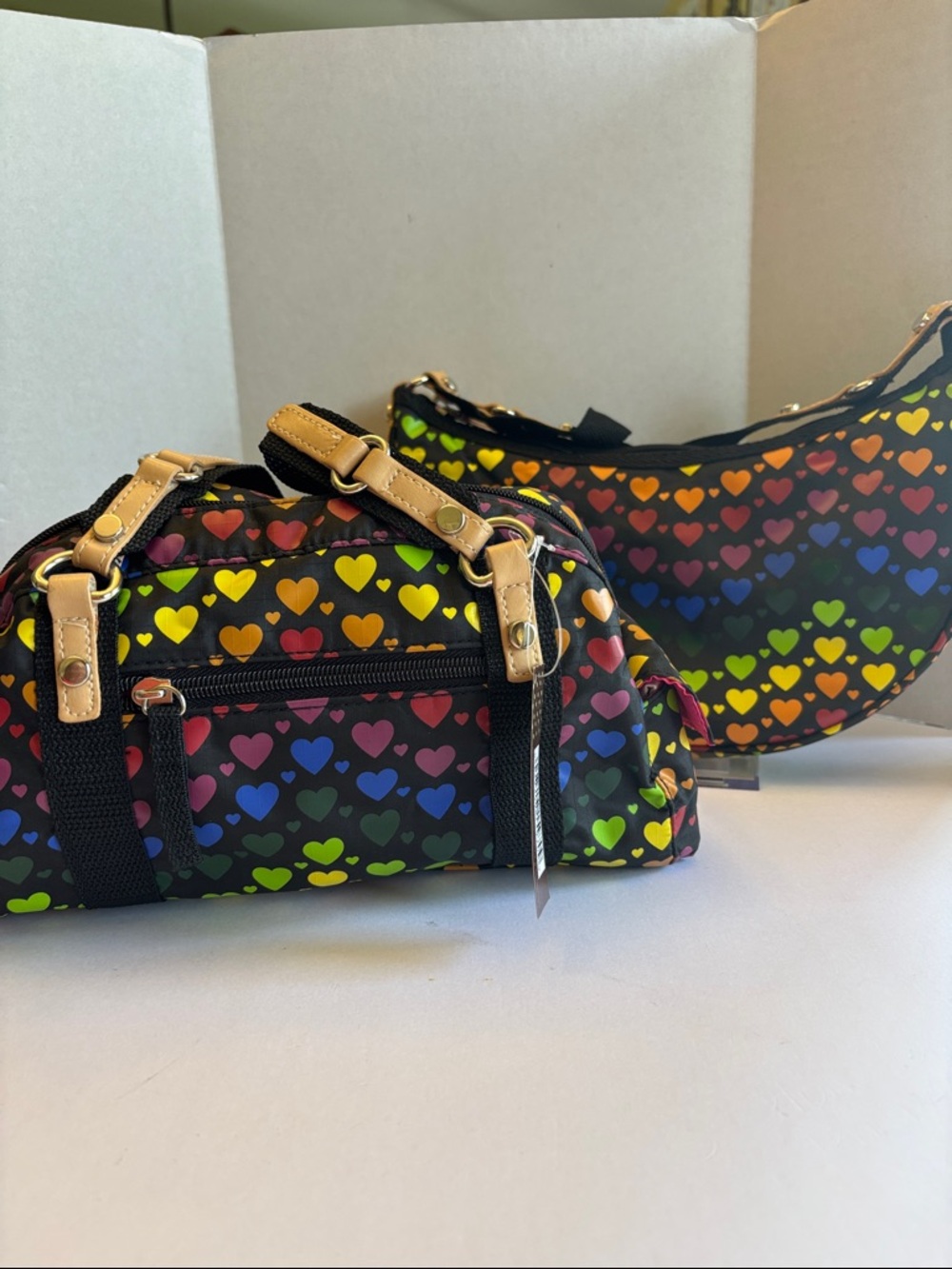 Whatever Rainbow Heart Print Bag Your Choice Mini Satchel or Crescent BRAND NEW